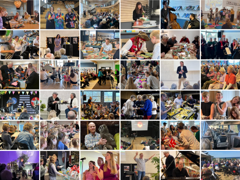 Collage med fotos fra afholdte arrangementer på bibliotekerne.